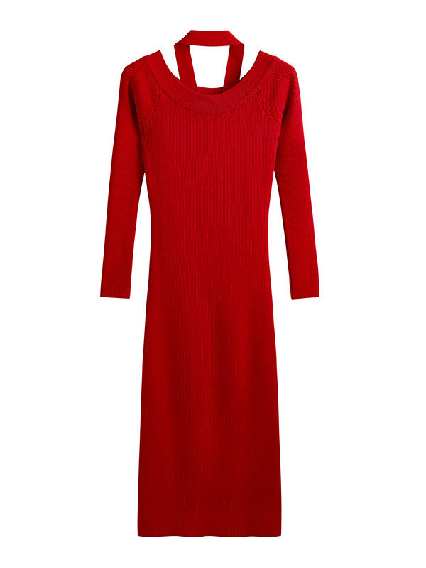 Red Black Winter Halter Cold Shoulder Knit Sweater Midi Dress