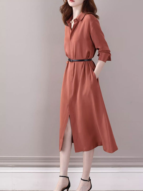 Orange Ivory Pocket Belt Midi Winter Shirt Dress