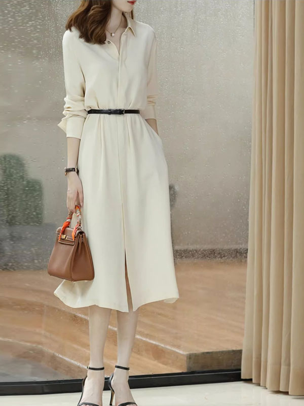 Orange Ivory Pocket Belt Midi Winter Shirt Dress