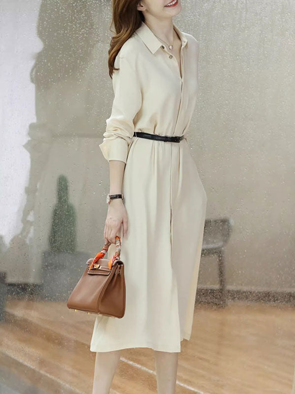 Orange Ivory Pocket Belt Midi Winter Shirt Dress