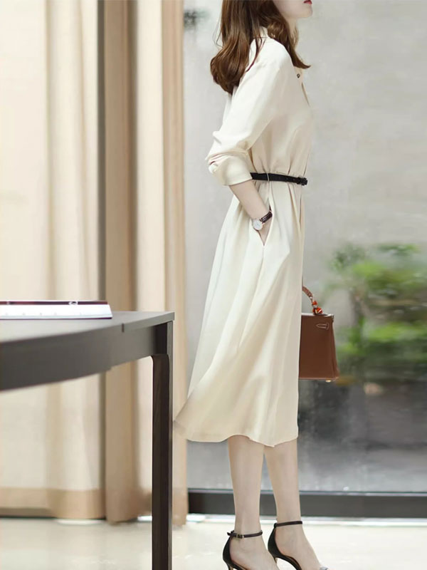 Orange Ivory Pocket Belt Midi Winter Shirt Dress
