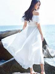 2024 Off Shoulder White Flare Vacation Beach Dress