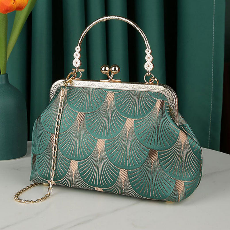Handmade Green Floral Chain Top Handle Clutch Handbag
