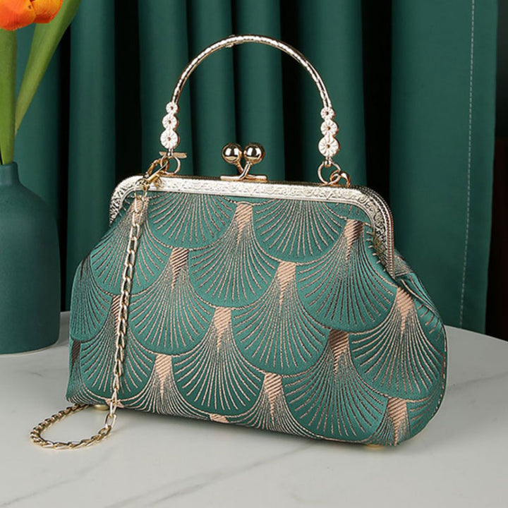 Handmade Green Floral Chain Top Handle Clutch Handbag