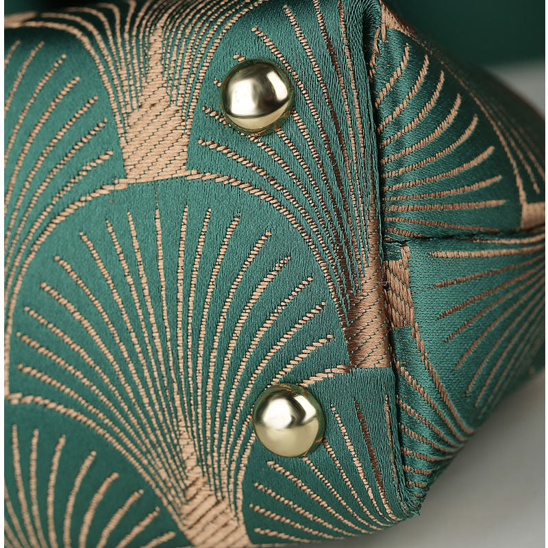 Handmade Green Floral Chain Top Handle Clutch Handbag