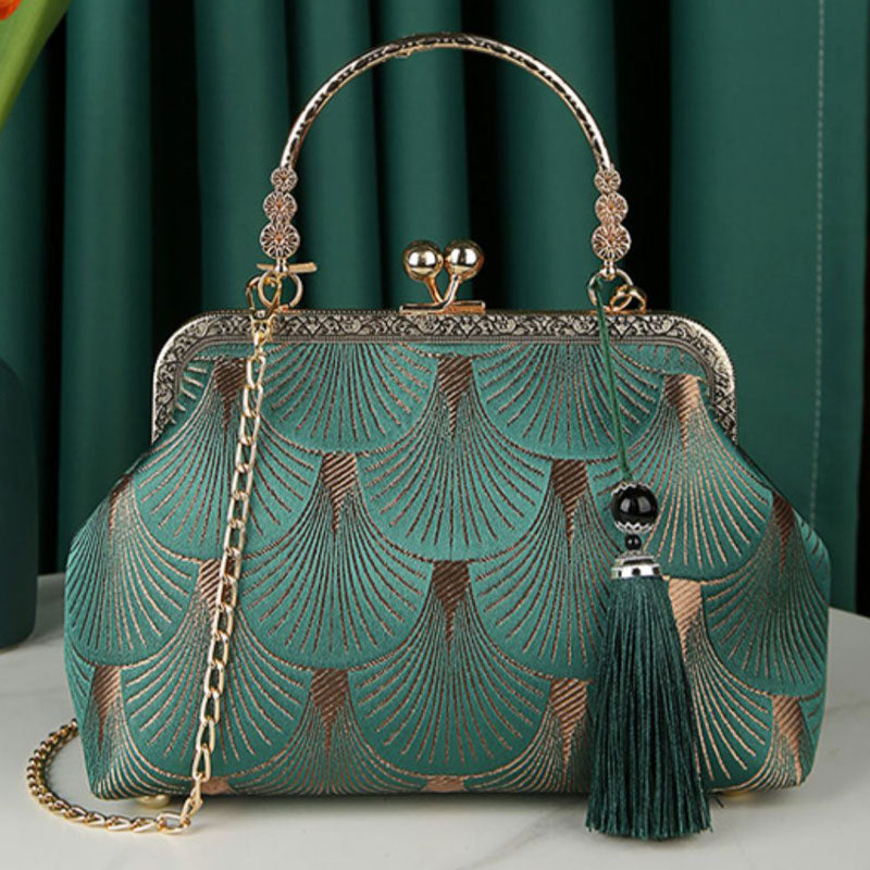 Handmade Green Floral Chain Top Handle Clutch Handbag
