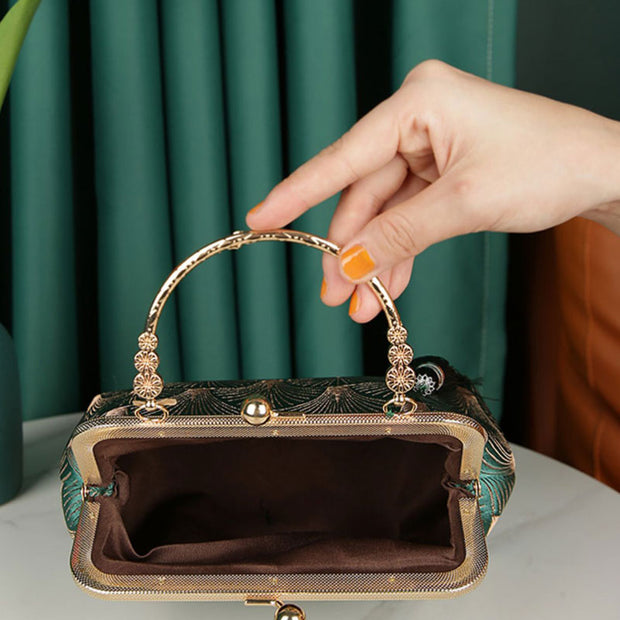 Handmade Green Floral Chain Top Handle Clutch Handbag