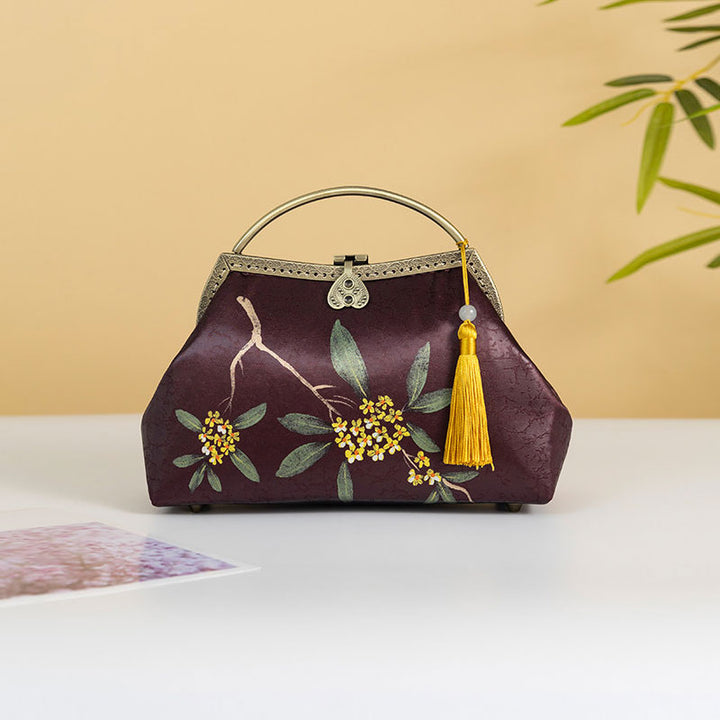 Purpel Floral Print Silk Chain Top Handle Clutch Handbag