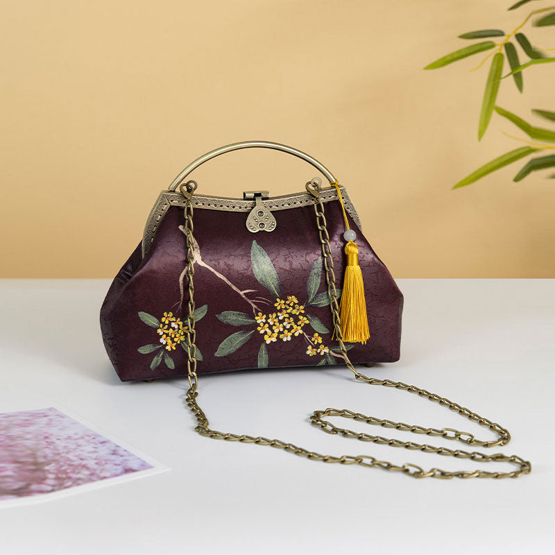 Purpel Floral Print Silk Chain Top Handle Clutch Handbag