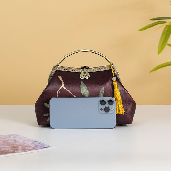 Purpel Floral Print Silk Chain Top Handle Clutch Handbag