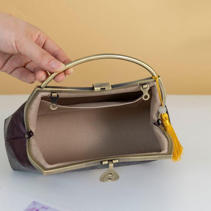 Purpel Floral Print Silk Chain Top Handle Clutch Handbag