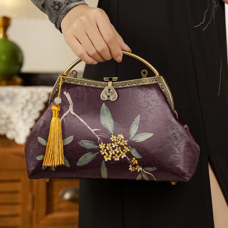 Purpel Floral Print Silk Chain Top Handle Clutch Handbag
