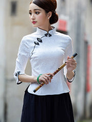 White Black Jacquard Qipao / Cheongsam Top Blouse