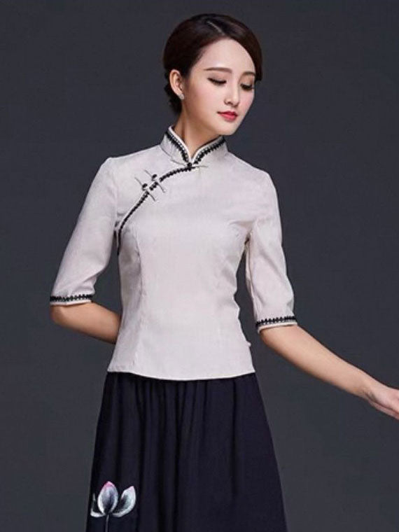 Blue White Linen Qipao Cheongsam Top Blouse