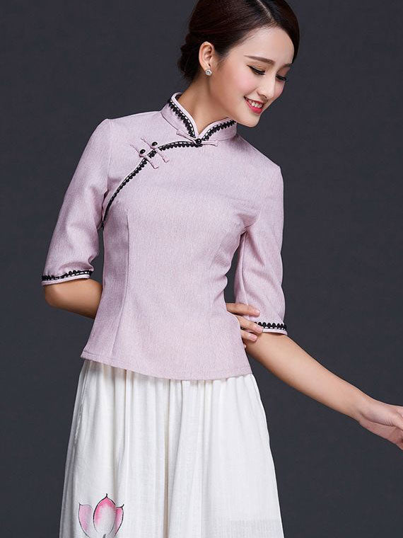 Blue White Linen Qipao Cheongsam Top Blouse