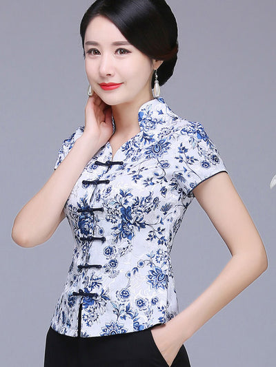 Blue White Floral Buttons Qipao Cheongsam Blouse Top