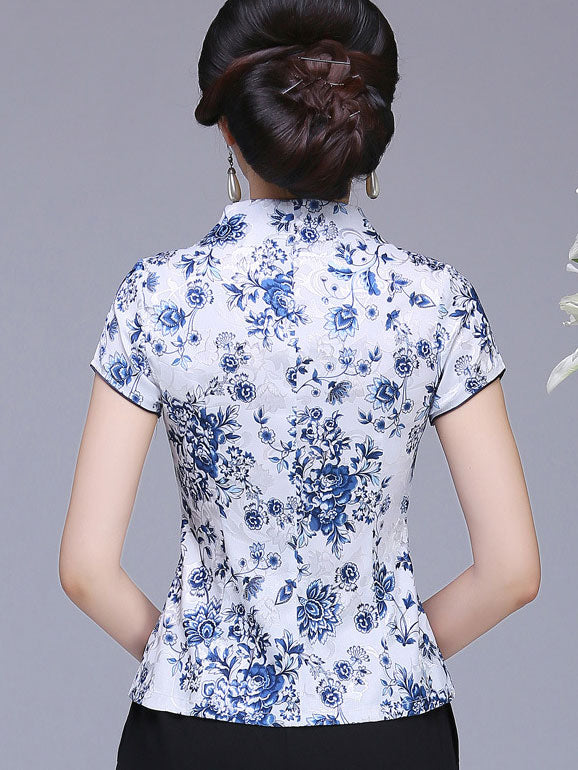 Blue White Floral Buttons Qipao Cheongsam Blouse Top