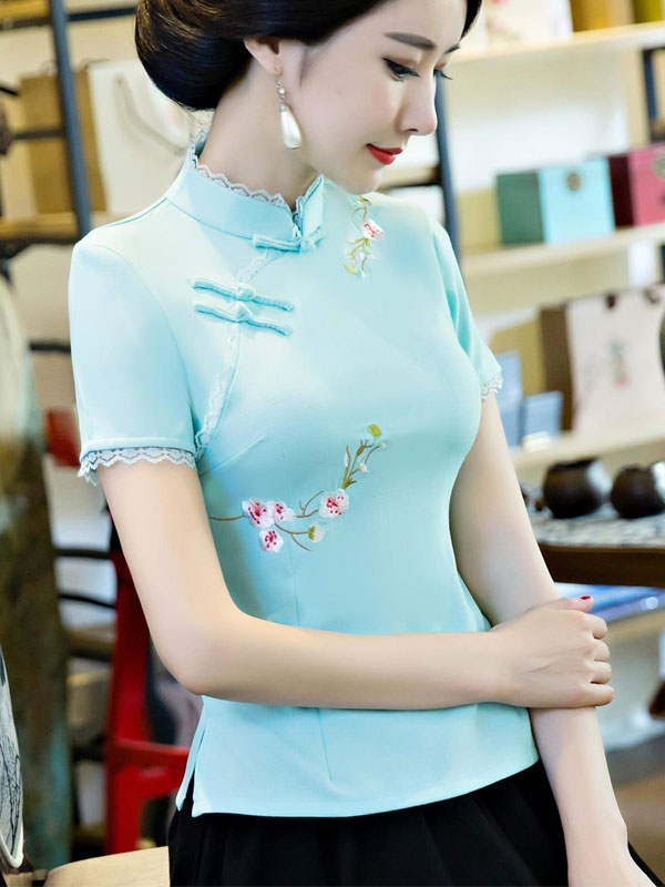 Beige Pink Embroidered Qipao Cheongsam T-shirt