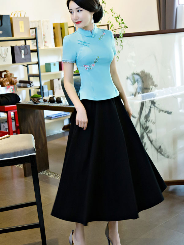 Beige Pink Embroidered Qipao Cheongsam T-shirt