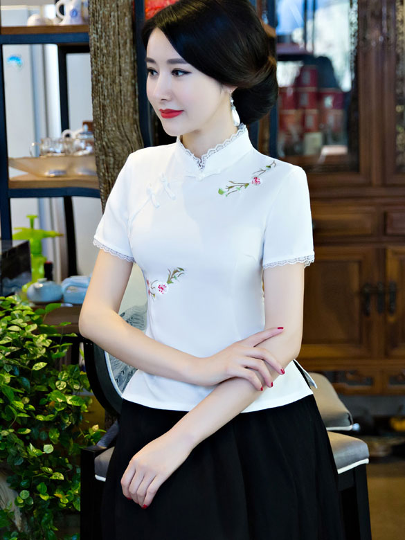 Beige Pink Embroidered Qipao Cheongsam T-shirt