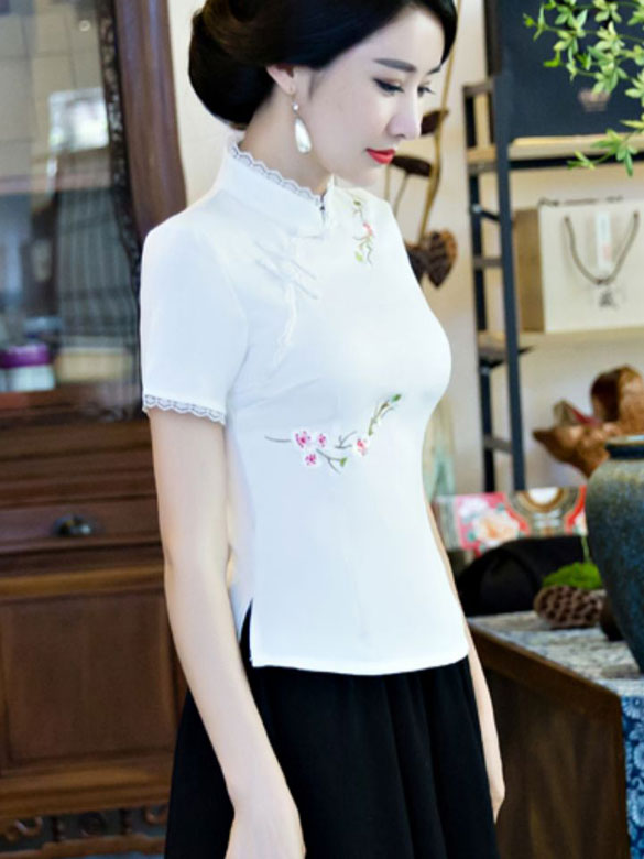 Beige Pink Embroidered Qipao Cheongsam T-shirt