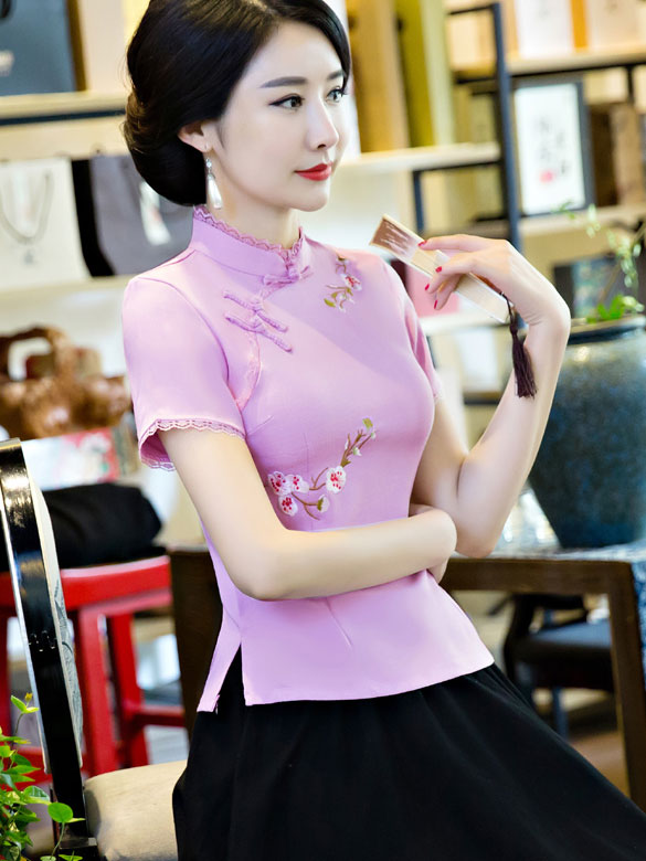 Beige Pink Embroidered Qipao Cheongsam T-shirt