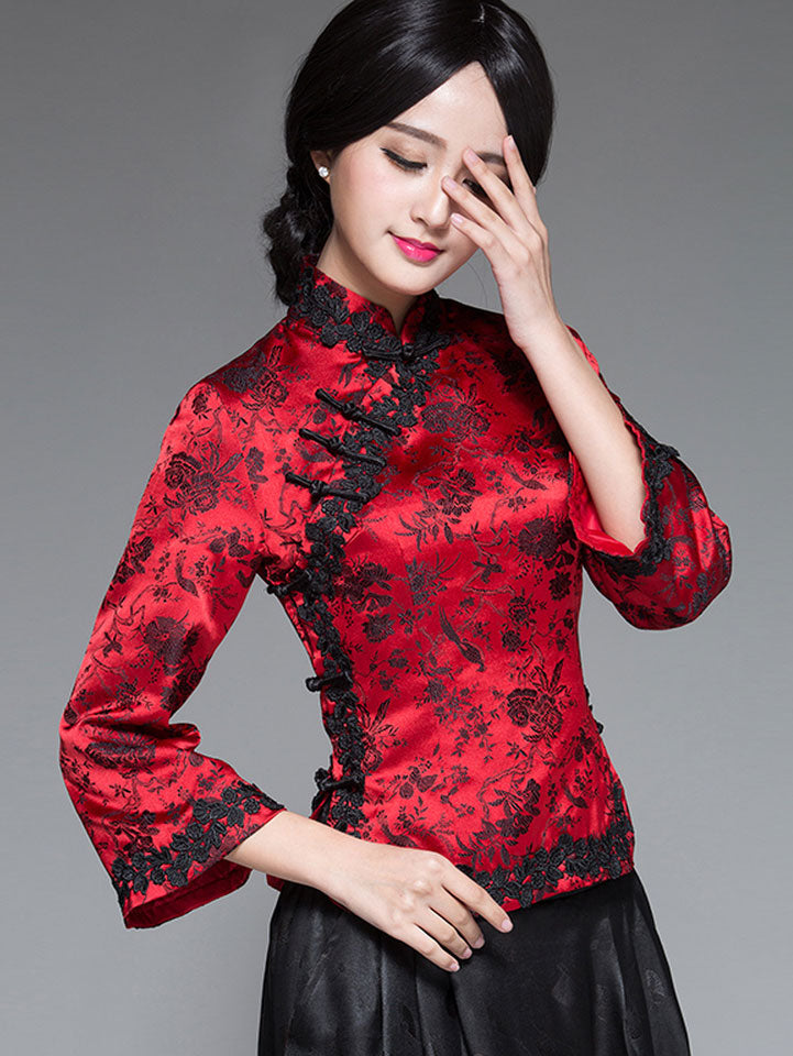 Green Floral Silk Qipao Cheongsam Top Blouse