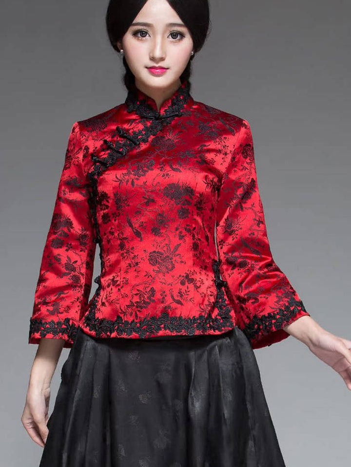 Green Floral Silk Qipao Cheongsam Top Blouse