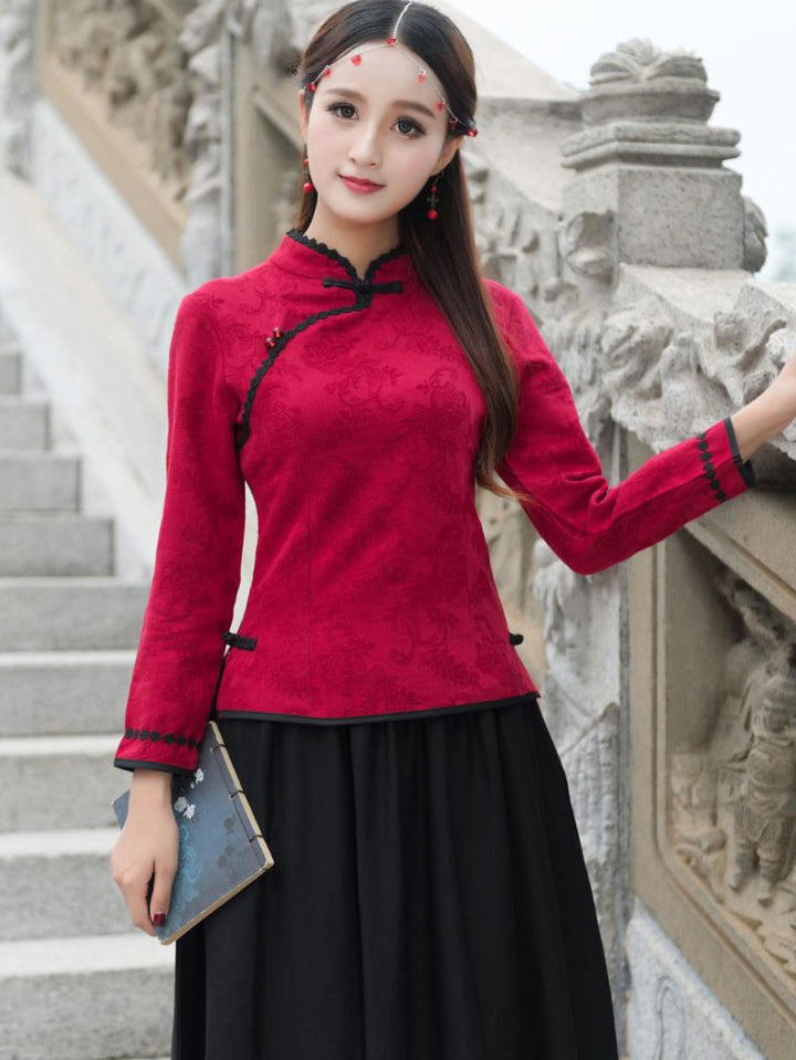 Red Jacquard Linen Qipao Cheongsam Top Shirt