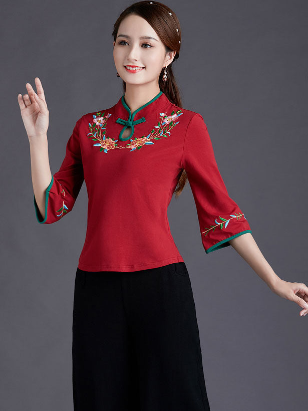 Embroidered Bell Sleeve Stretchy Cheongsam Blouse