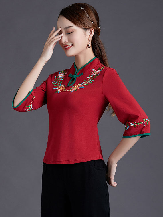 Embroidered Bell Sleeve Stretchy Cheongsam Blouse