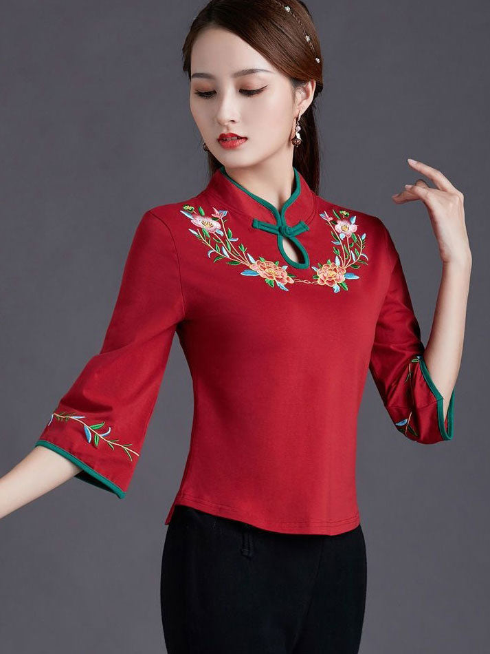 Embroidered Bell Sleeve Stretchy Cheongsam Blouse