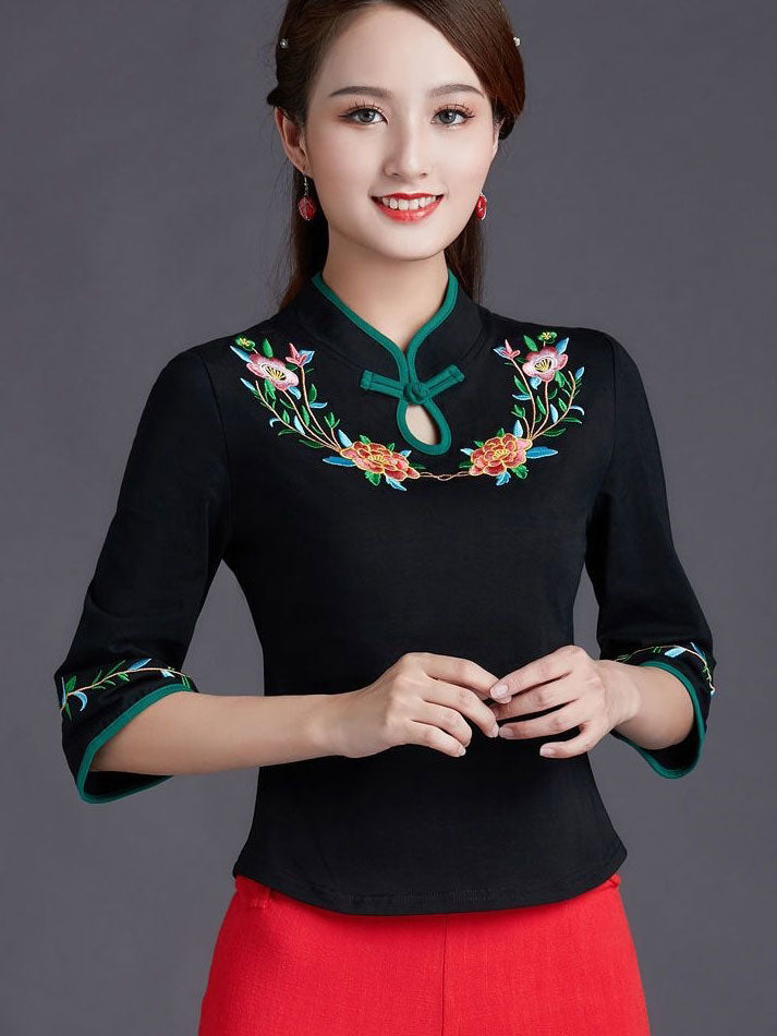 Embroidered Bell Sleeve Stretchy Cheongsam Blouse