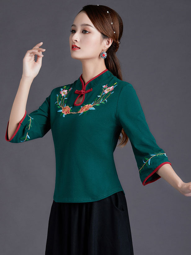 Embroidered Bell Sleeve Stretchy Cheongsam Blouse