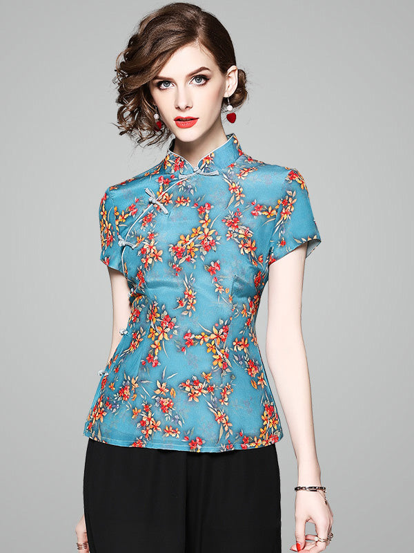 Clearance Blue Floral Printed Qipao Cheongsam Top Blouse