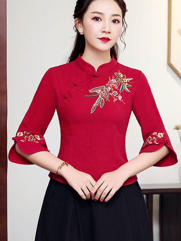 Red White Embroidered Linen Cheongsam Blouse Top