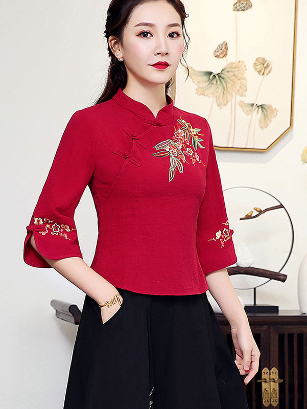 Red White Embroidered Linen Cheongsam Blouse Top