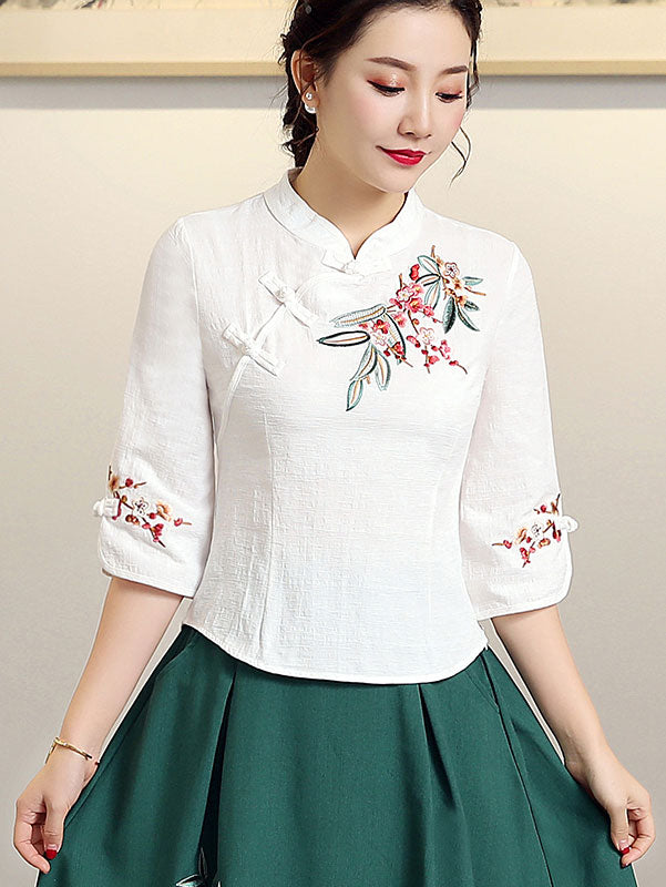 Red White Embroidered Linen Cheongsam Blouse Top