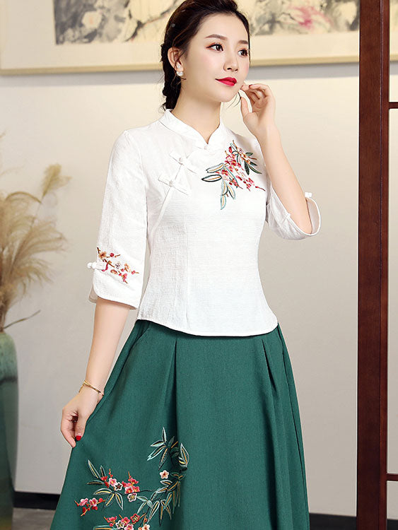 Red White Embroidered Linen Cheongsam Blouse Top