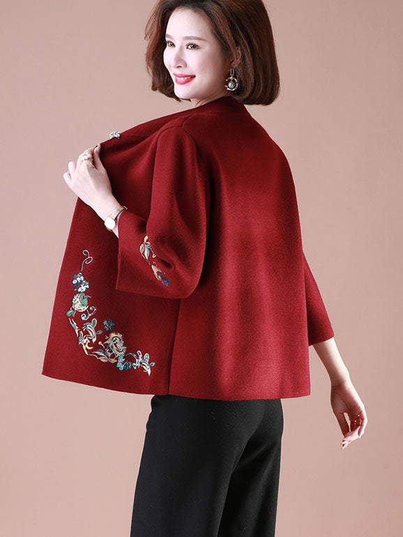 Red Beige Embroidered Knit Women Mothers Sweater Jacket Top