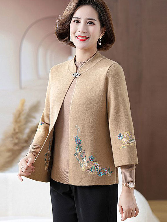 Red Beige Embroidered Knit Women Mothers Sweater Jacket Top