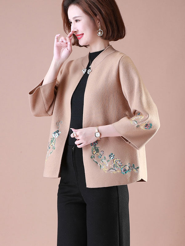 Red Beige Embroidered Knit Women Mothers Sweater Jacket Top