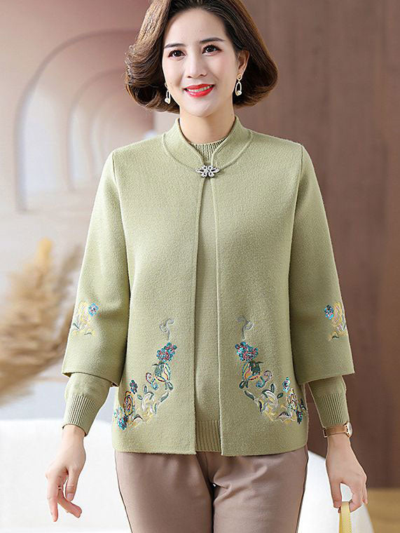 Red Beige Embroidered Knit Women Mothers Sweater Jacket Top