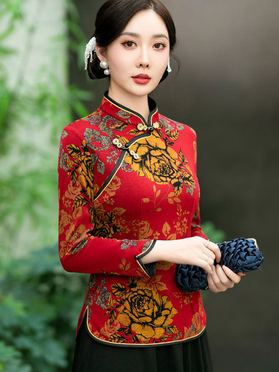 Mothers Floral Winter Cheongsam Blouse Top