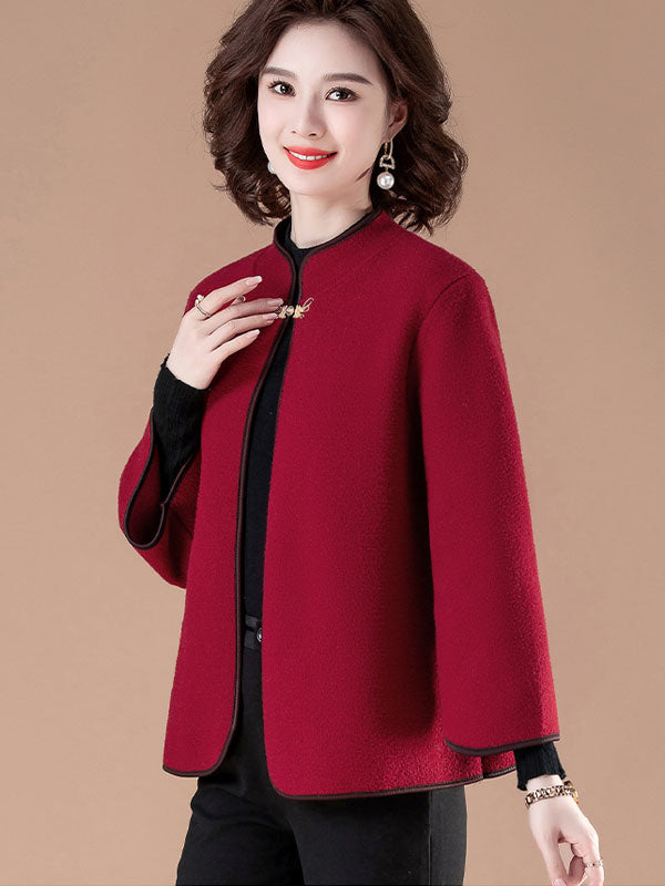 Red Purple Women Wool Blend Open Front Cheongsam Coat