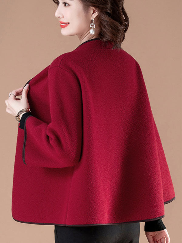 Red Purple Women Wool Blend Open Front Cheongsam Coat