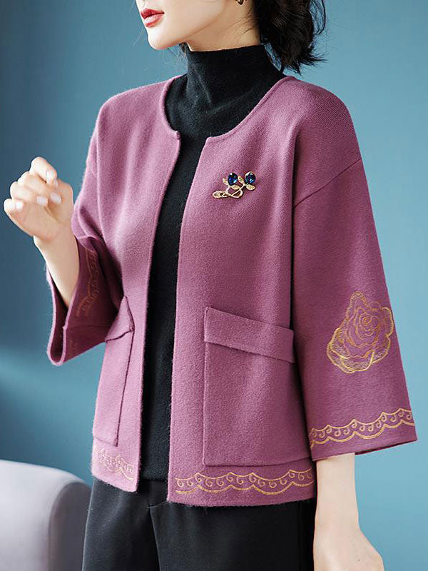 Embroidered Floral Women Knit Pockets Open Front Jacket