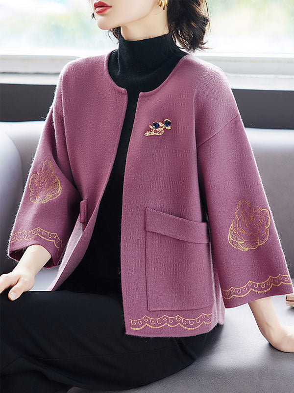 Embroidered Floral Women Knit Pockets Open Front Jacket