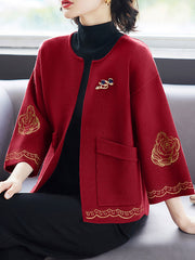 Embroidered Floral Women Knit Pockets Open Front Jacket