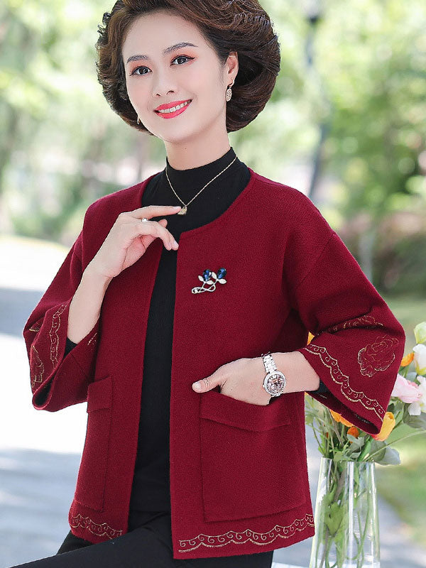 Embroidered Floral Women Knit Pockets Open Front Jacket